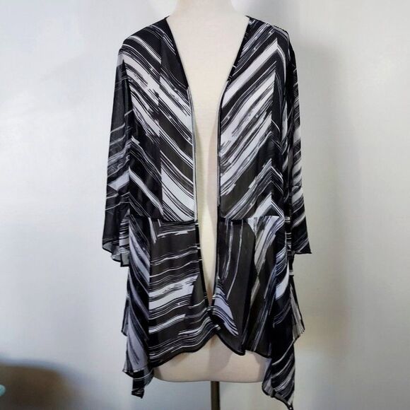 Catherines Sheer Cardigan Womens 0X Open Front 3/4 Bell Sleeves Black White - Picture 2 of 10